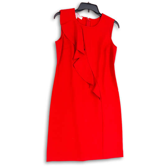 Womens Red Ruffle Round Neck Sleeveless Back Zip Sheath Dress Size 4 image number 1