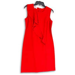 Womens Red Ruffle Round Neck Sleeveless Back Zip Sheath Dress Size 4