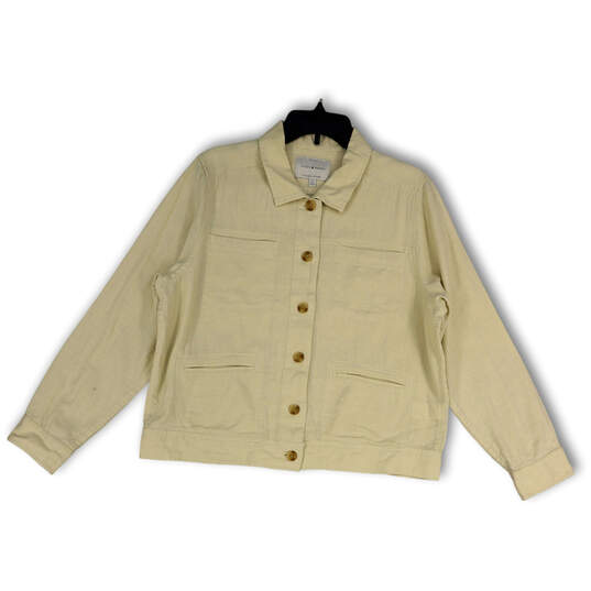 Womens Beige Denim Collared Long Sleeve Pockets Button Front Jacket Size L image number 1