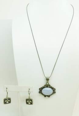Artisan 925 Blue Lace Agate Pendant Necklace & Angel Earrings 24.9g
