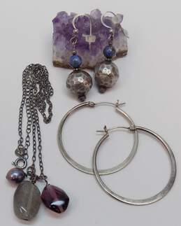 Rustic 925 Labradorite Dark Pearl & Purple Glass Tassel Pendant Necklace & Lapis Lazuli & Hammered Ball Bead Drop & Flat Hoop Earrings 17.1g