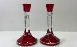 Vintage Sc Lead Crystal Cranberry Red Gold Rim Pair of Tapered Candle Holders