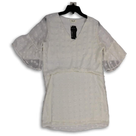 NWT Womens White Pom Pom V-Neck Bell Sleeve Knee Length Shift Dress Size M image number 1