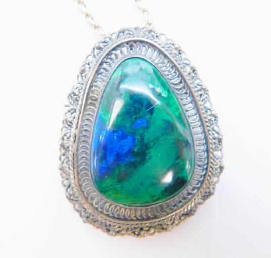 Artisan 925 Azurite Cabochon Coiled & Granulated Teardrop Statement Pendant Brooch Rope Chain Necklace 42.9g image number 2