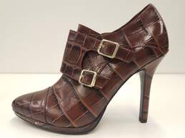 Lauren by Ralph Lauren Latisha Brown Croc Embossed Leather Ankle Buckle Zip Heel Boots Size 5 B alternative image