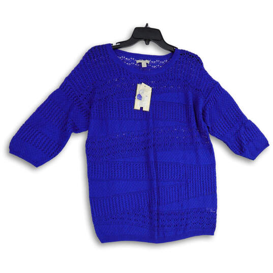 NWT Womens Blue Open Knit Patchwork 3/4 Sleeve Pullover Sweater Size XL image number 1