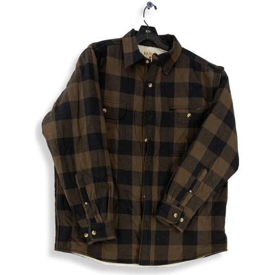 Mens Brown Black Check Long Sleeve Sherpa Lined Shirt Jacket Size Large image number 1
