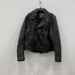 Mens Black Leather Notch Lapel Long Sleeve Full-Zip Biker Jacket Size 48