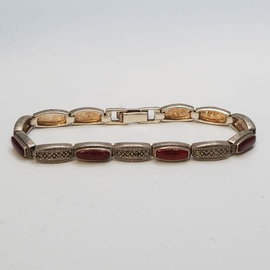 Sterling Silver Red Glass Marcasite Bracelet 21.3g image number 1