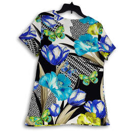 Womens Multicolor Floral Split Neck Short Sleeve Pullover Blouse Top Size M alternative image