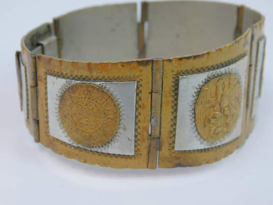 Taxco Mexico 925 & Brass Eagle & Snake Warriors & Aztec Calendar Tapered Wide Paneled Bracelet 46.2g image number 3