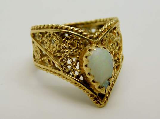 14K Gold Opal Teardrop Cabochon Spun Open Scrolled Pointed Band Ring 3.8g image number 1