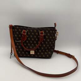 Womens Gretta Trina Brown Tan Leather Monogram Adjustable Strap Crossbody Bag