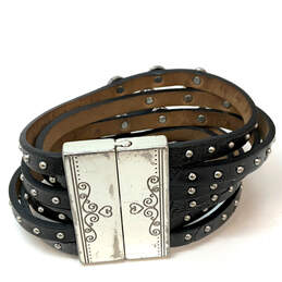 Designer Brighton Silver-Tone Black Leather Rhinestone Studs Wrap Bracelet alternative image