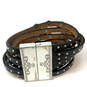 Designer Brighton Silver-Tone Black Leather Rhinestone Studs Wrap Bracelet image number 2