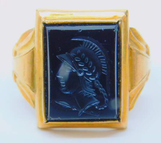 Vintage 10K Gold Carved Warrior Intaglio Onyx Rectangle Statement Ring 6.7g image number 3