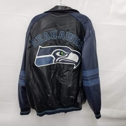 Vintage Seattle Seahawks Black and Blue Bomber Jacket Size L image number 2