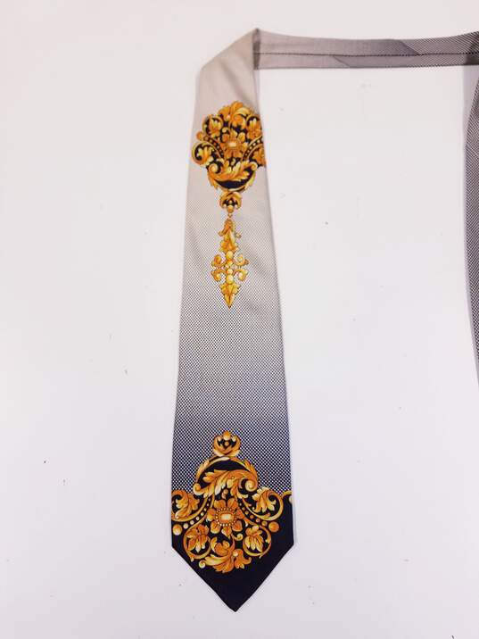 Vintage Gianni Versace Italy 90s Gold Baroque Print Polka Dot Silk Neck Tie 57 inch image number 3