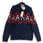 NWT Mens Blue Red Knitted Long Sleeve Hooded Full-Zip Sweater Size Large image number 1