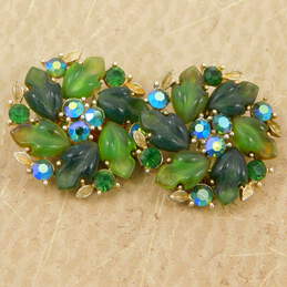 Vintage Lisner Green Aurora Borealis & Gold Tone Clip-On Earrings 21.3g