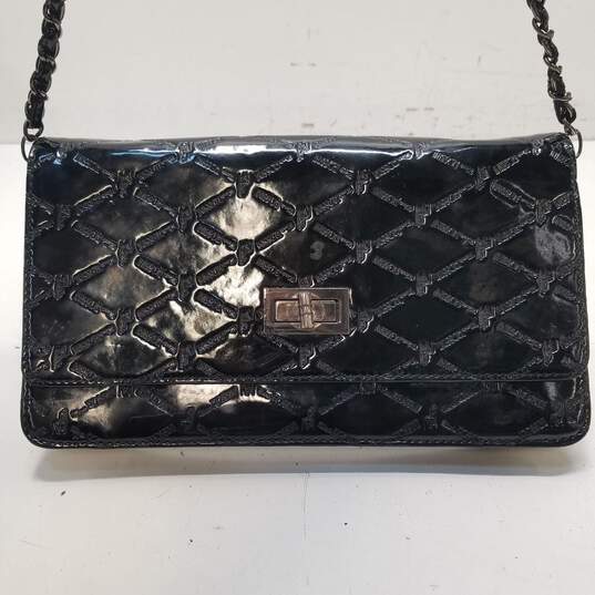 Buy the Mario Rossini Black Patent Leather Signature Print Chain Evening  Small Shoulder Clutch Bag
