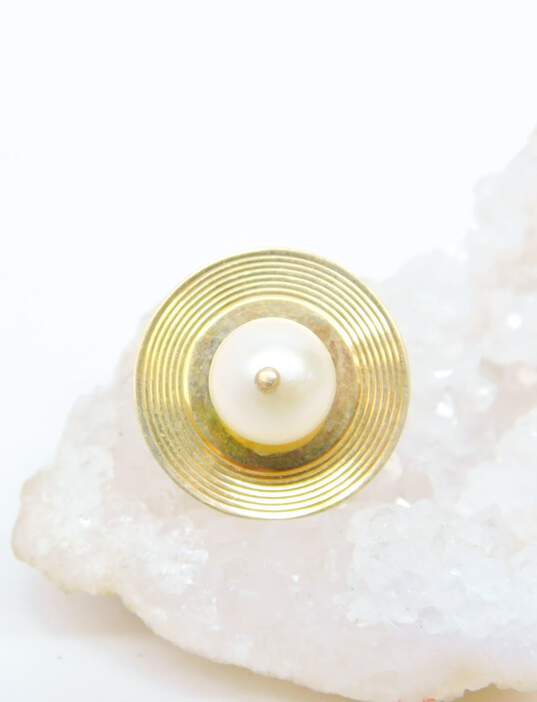 14K Gold White Pearl Etched Circles Disc Single Cufflink 4.1g image number 2
