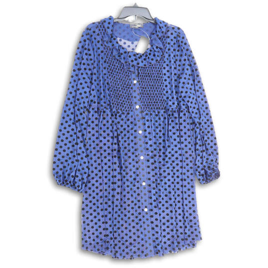 NWT Womens Navy Blue Polka Dot Ruffle Neck Button Front Shift Dress Size 1X image number 1