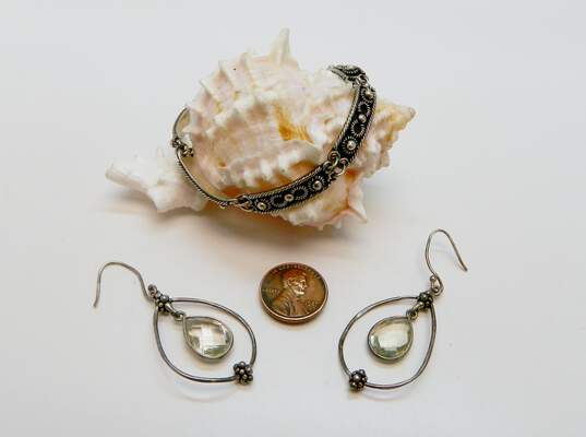 Artisan 925 Faceted Prehnite Granulated Teardrops Drop Earrings & Bali Style Coiled Panels Linked Bracelet 25.4g image number 4
