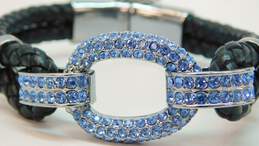 Designer Joan Boyce Braided Black Leather Blue Crystal Pave Bracelet alternative image