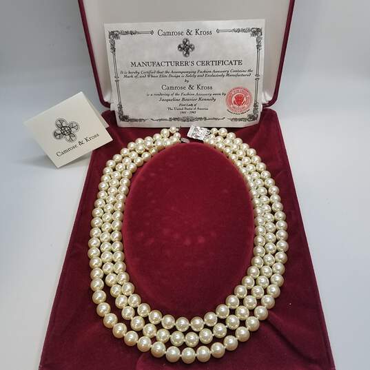 Camrose & Kross Silver Tone Faux Pearl Jacqueline Kennedy Triple Strand Necklace W/Box 106.0g DAMAGED image number 1