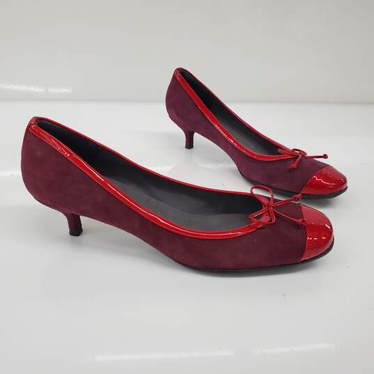 Stuart Weitzman Women's Purple Suede Red Patent Leather Trim Kitten Heels Size 11 AUTHENTICATED image number 6