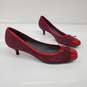 Stuart Weitzman Women's Purple Suede Red Patent Leather Trim Kitten Heels Size 11 AUTHENTICATED image number 6
