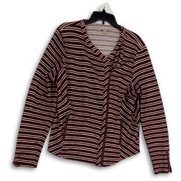 Womens Red White Striped V-Neck Long Sleeve Full-Zip Sweater Size XL