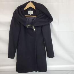 Wm COLE HAAN Signature *No belt* Black Wide Hood Wool Polyester Rayon Blend Coat Sz 4