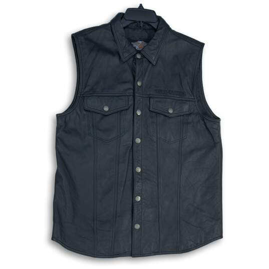 Harley Davidson Mens Black Leather Collared Flap Pocket Sleeveless Vest Size L image number 1