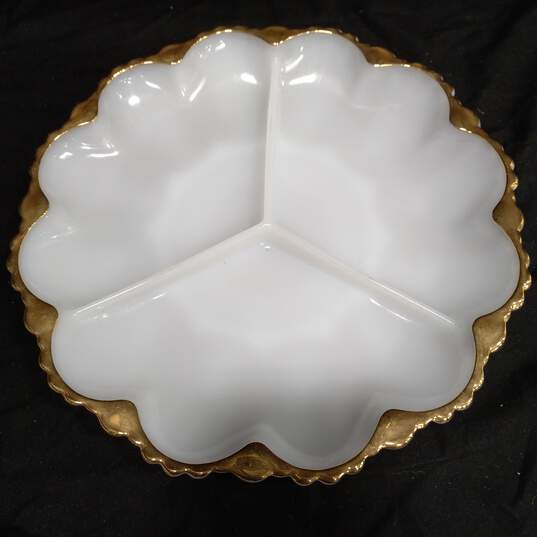 3pc. Set of Milk Glass Serving Plates with Golden Trim image number 5