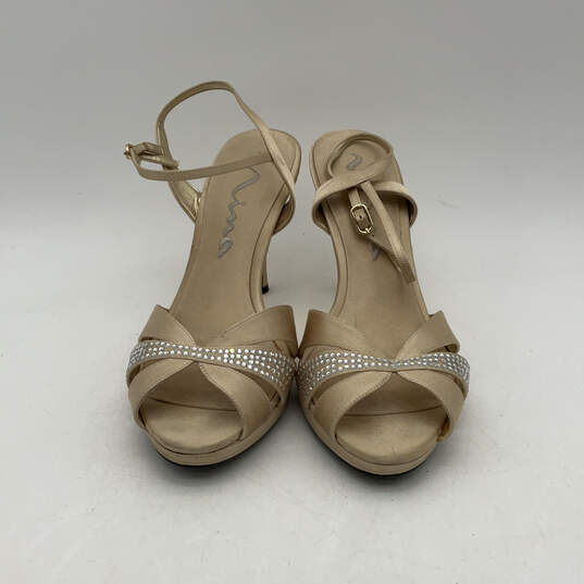 Womens Beige Leather Peep Toe Stiletto Heel Slingback Sandals Size 11 M image number 2
