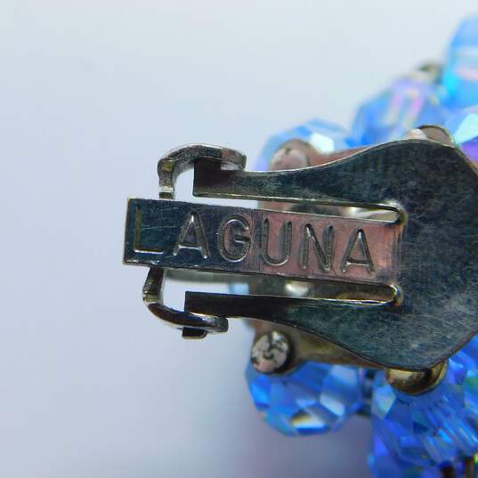 Vintage Laguna Silvertone Blue Aurora Borealis Crystals Beaded Tassels Clip On Earrings 30.1g image number 5