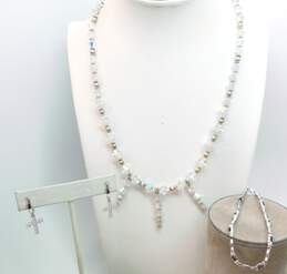 Romantic Sterling Silver Aurora Borealis Necklace Sapphire Bracelet & Cubic Zirconia Cross Earrings 34.4g