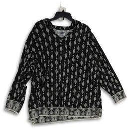 Womens Black White Printed Long Sleeve Hooded Tunic Blouse Top Size 2X