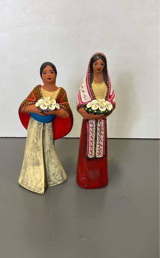 Lot of 2 Folk Art Figure Clay Mexican Maria Doll Holding Bouquet Sculpture image number 1