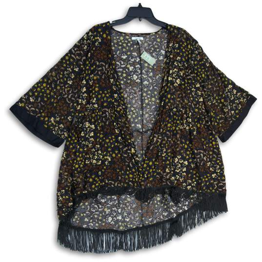 NWT Maurices Womens Black Floral Fringe Open Front Kimono Blouse Top Size XL image number 1