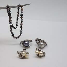 Sterling Silver FW Pearl Sizes 4.75 & 5.75 Ring 6 1/2 Inch Bracelet Earring Bundle 4pcs 15.1g