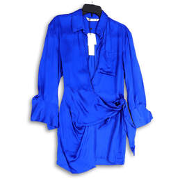 NWT Womens Blue Surplice Neck Long Sleeve Pocket Satin Wrap Dress Size XS
