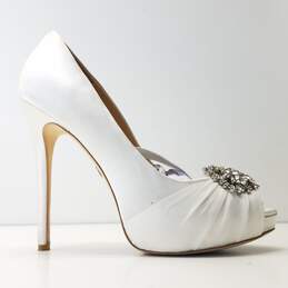 Badgley Mischka Ivory Satin Jeweled Peep Toe Pump Heels Shoes Size 7.5 M