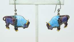 Southwestern 925 Turquoise Snake Eyes Ring & Cloisonne Enamel Buffalo Earrings alternative image