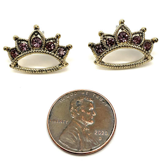 Designer Betsey Johnson Gold-Tone Purple Rhinestone Crown Stud Earrings image number 2