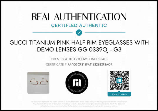 Gucci Titanium Pink Half Rim Eyeglasses with Demo Lenses GG 0339OJ - AUTHENTICATED image number 2