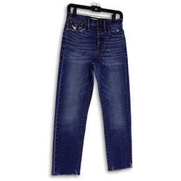 Womens Blue Medium Wash Denim Pockets Raw Hem Skinny Leg Jeans Size 26