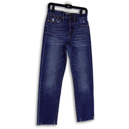 Womens Blue Medium Wash Denim Pockets Raw Hem Skinny Leg Jeans Size 26 image number 1